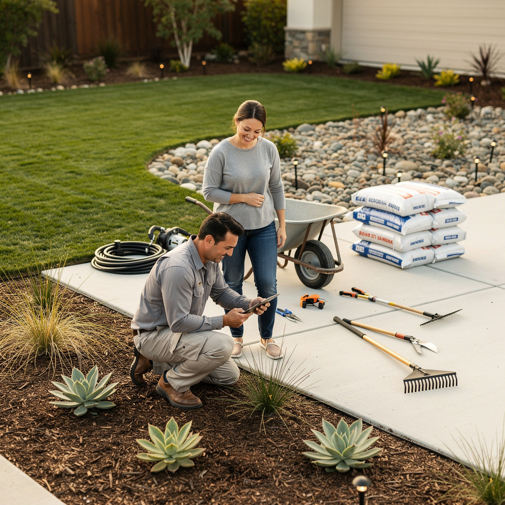 VINNY'S LANDSCAPING team discussing a custom landscaping plan with a client in Santa Maria, CA